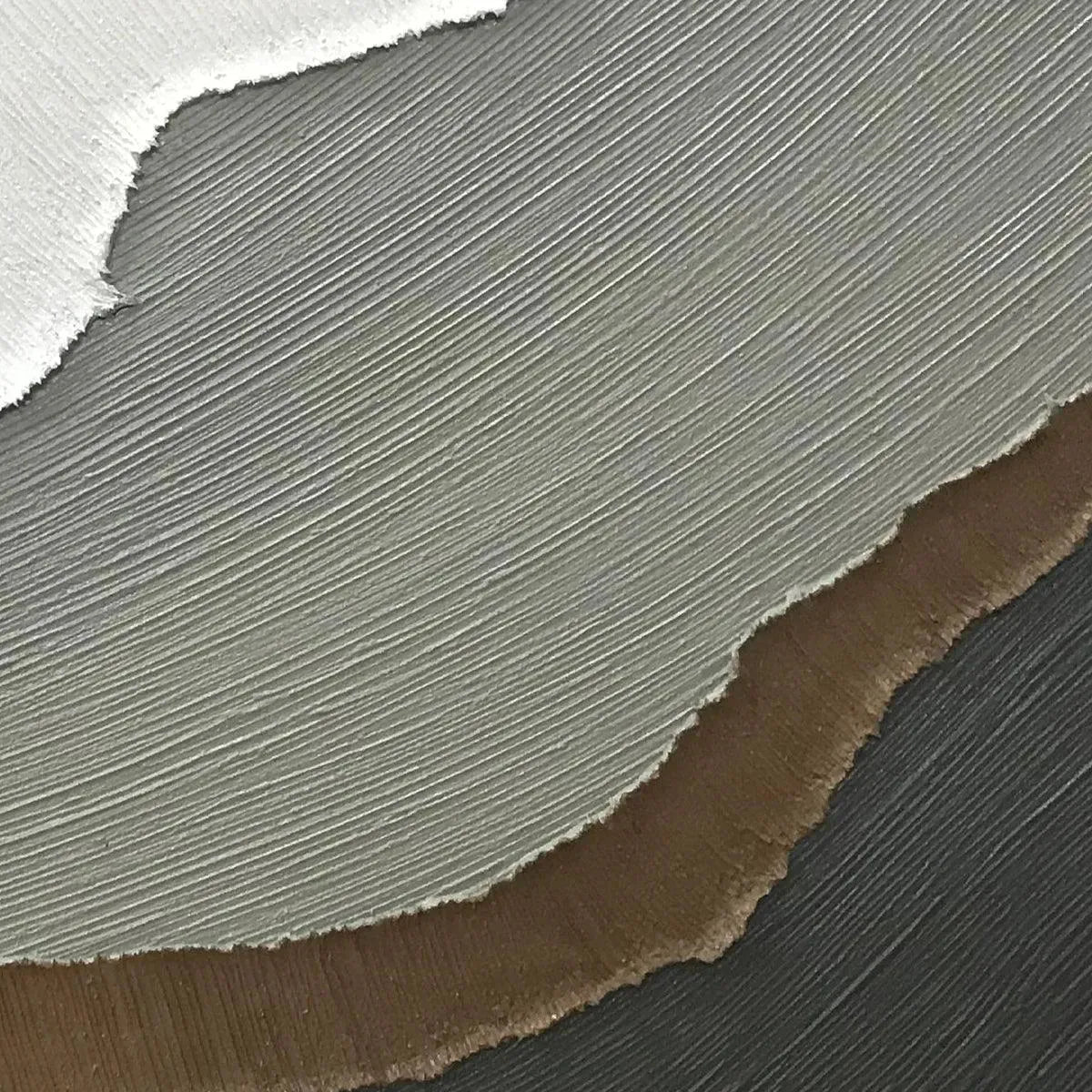 Close-up of Earth Tones abstract painting, showcasing textured layers of beige, grey, and brown.