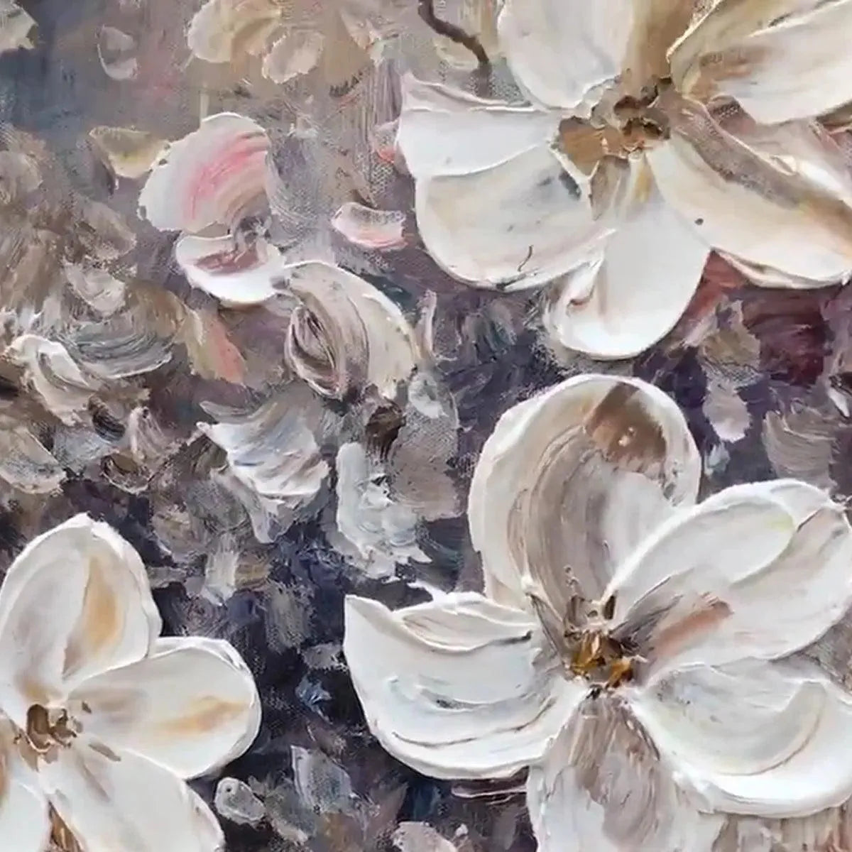 Elodie Dubois impasto painting: textured white and beige florals on dark background.