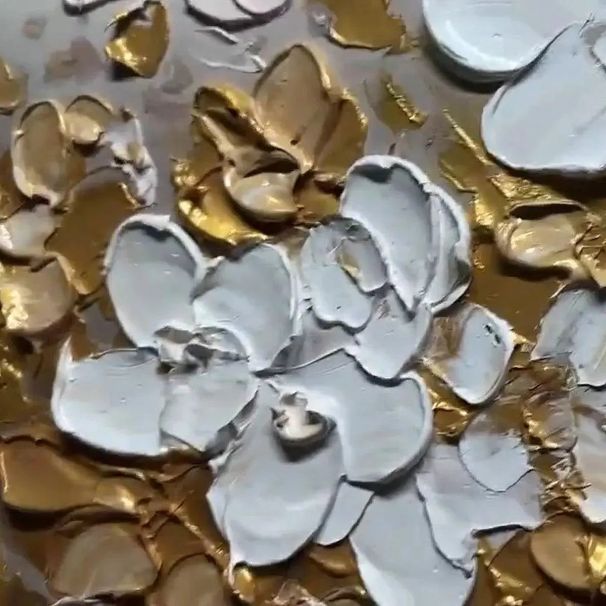 Textured impasto painting detail: thick white and gold floral brushstrokes, Elodie Dubois.