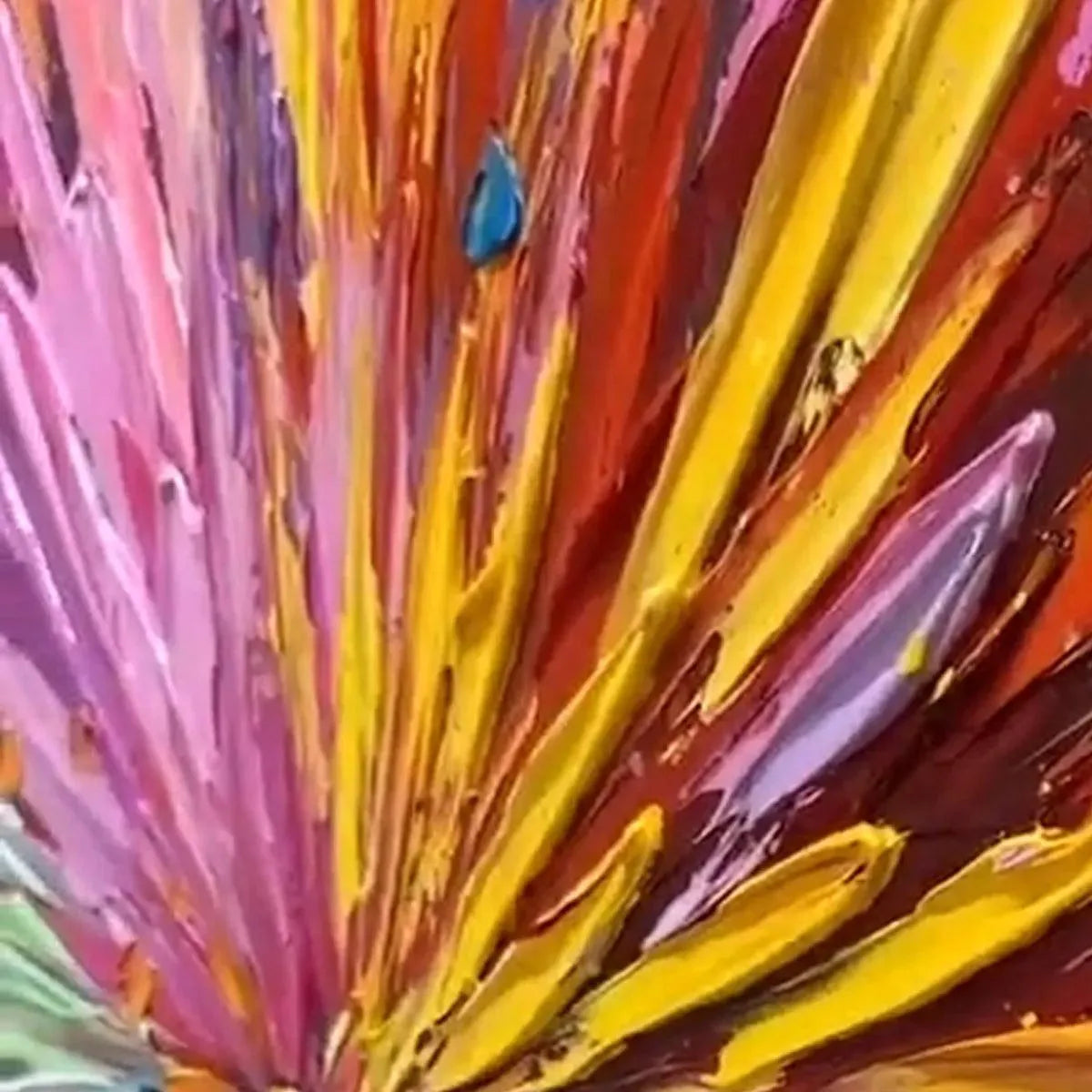 Chak Yu Lam impasto painting: vibrant rainbow colors with thick textured brushstrokes and a blue droplet detail.