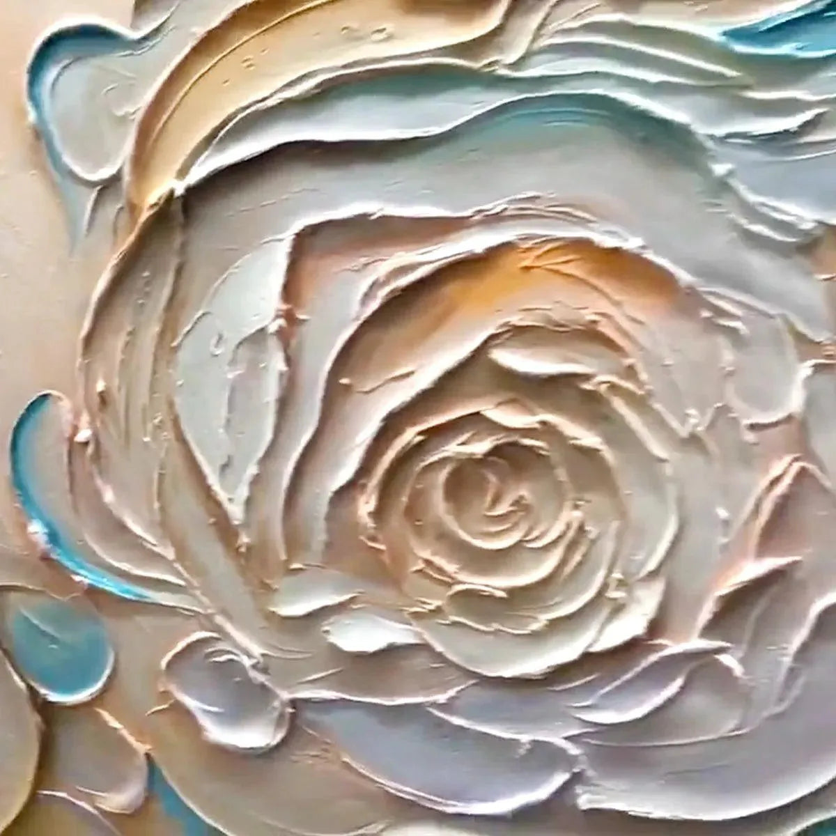 Oceanic Bloom textured impasto painting: close-up of abstract floral petals in beige, blue, and gold.