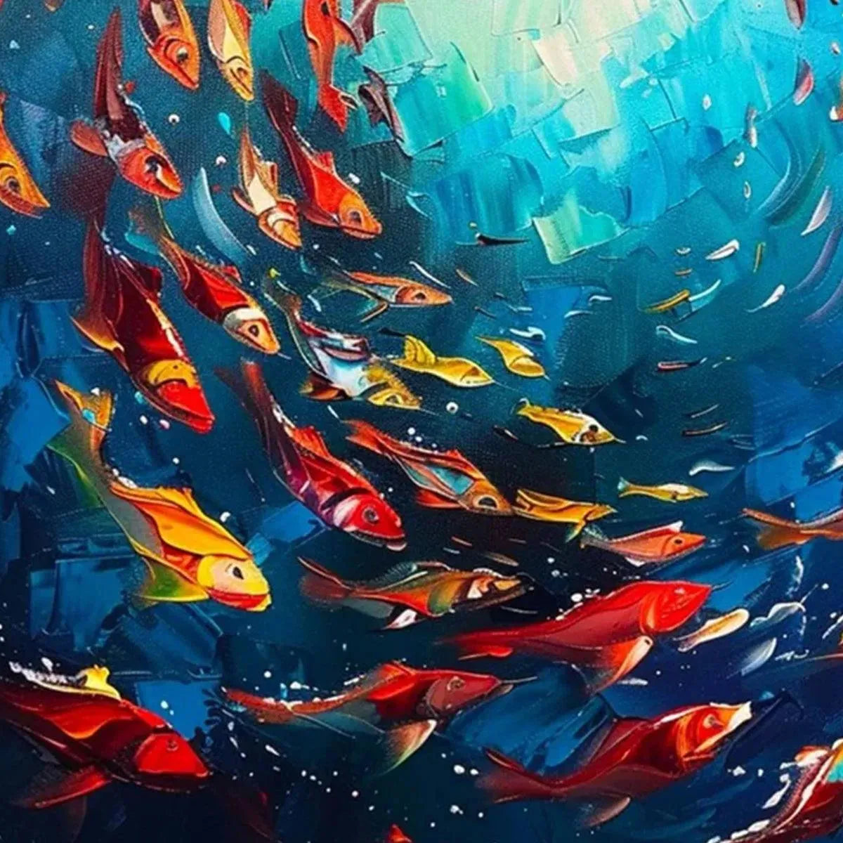 CORAL REEF DANCE painting, colorful fish artwork. Vibrant underwater scene with red, yellow fish by artist Yan Nan Li.