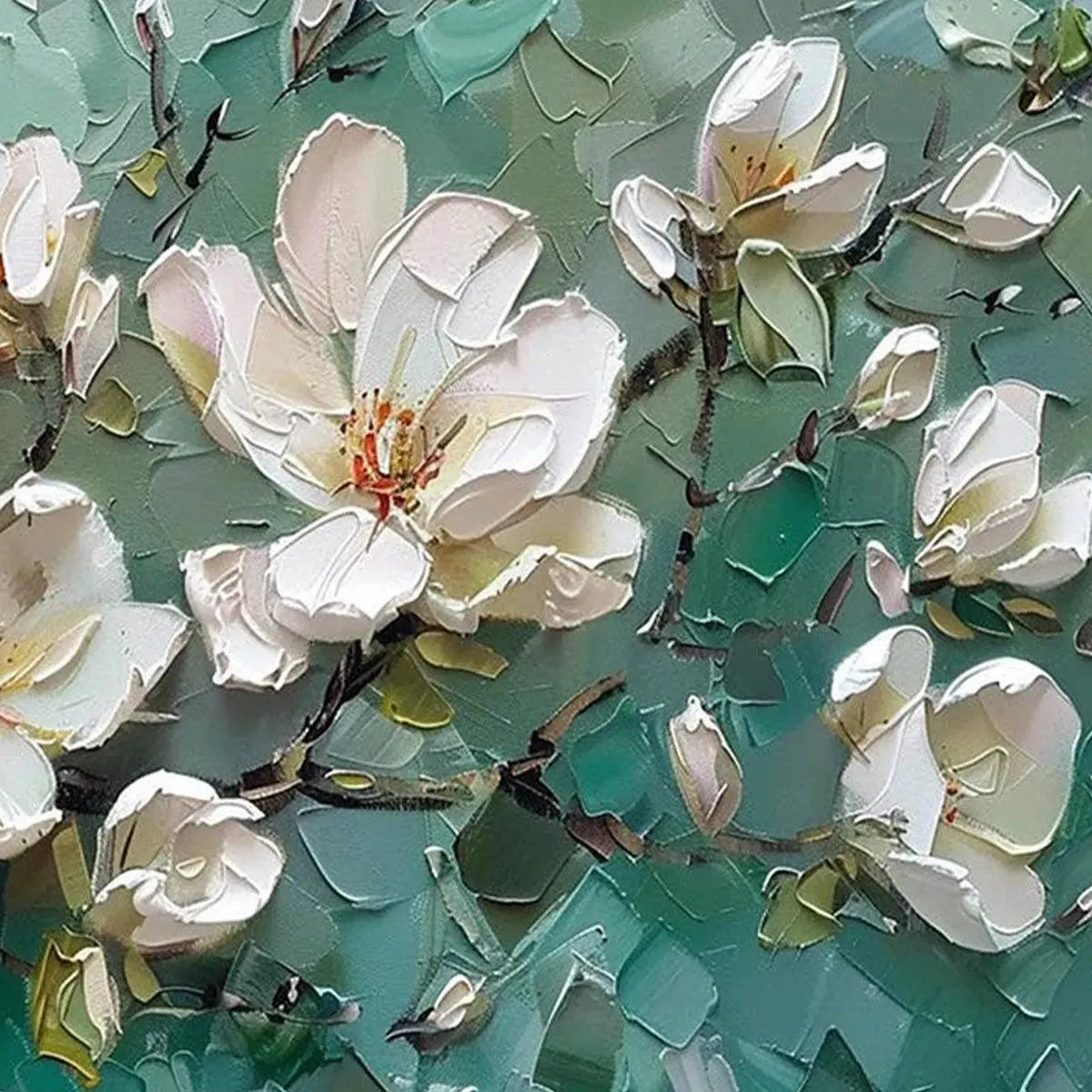 Textured impasto painting of white magnolias against a teal background, for living room art.