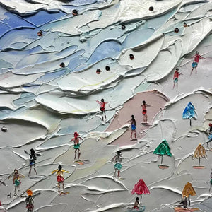 Beach Day Vibes painting by Liam O'Connell: Textured beach scene with figures and colorful umbrellas, horizontal wall art.