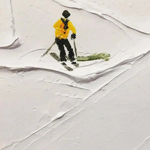 Javier Ramirez "Ski Slopes" painting: detail of a skier in yellow on textured white snowy slope, impasto strokes.