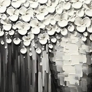 Textured white floral modern wall art, impasto by Liam O'Connell, grey background.