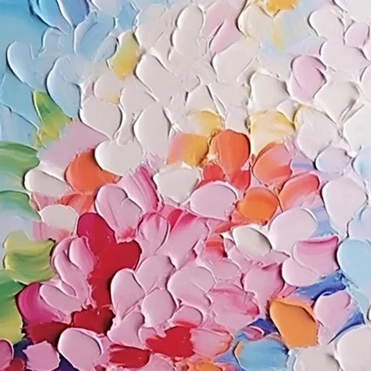 Blooming Bouquet impasto floral painting, vibrant colors. Red, pink, white, orange, blue. Elodie Dubois artwork.