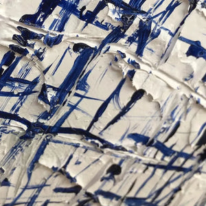 Blue Weave detail, textured blue and white abstract painting by Javier Ramirez. Modern art for home decor.