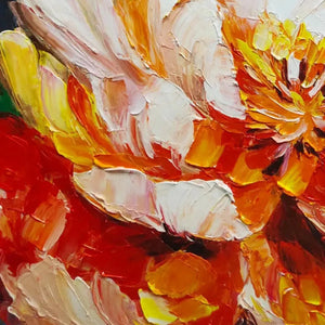 Close-up impasto painting: textured pink and orange peony bloom by Isabella Rossi. Artwork detail.