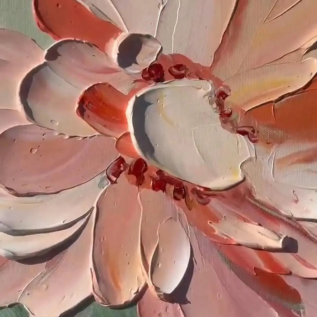 Close-up of SUNKISSED GARDEN impasto painting, showing thick textured orange and white flower petals by Elodie Dubois.