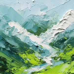 Emerald Valley abstract green mountain painting by Willow Davies, textured impasto detail. Lush foreground, cool peaks.