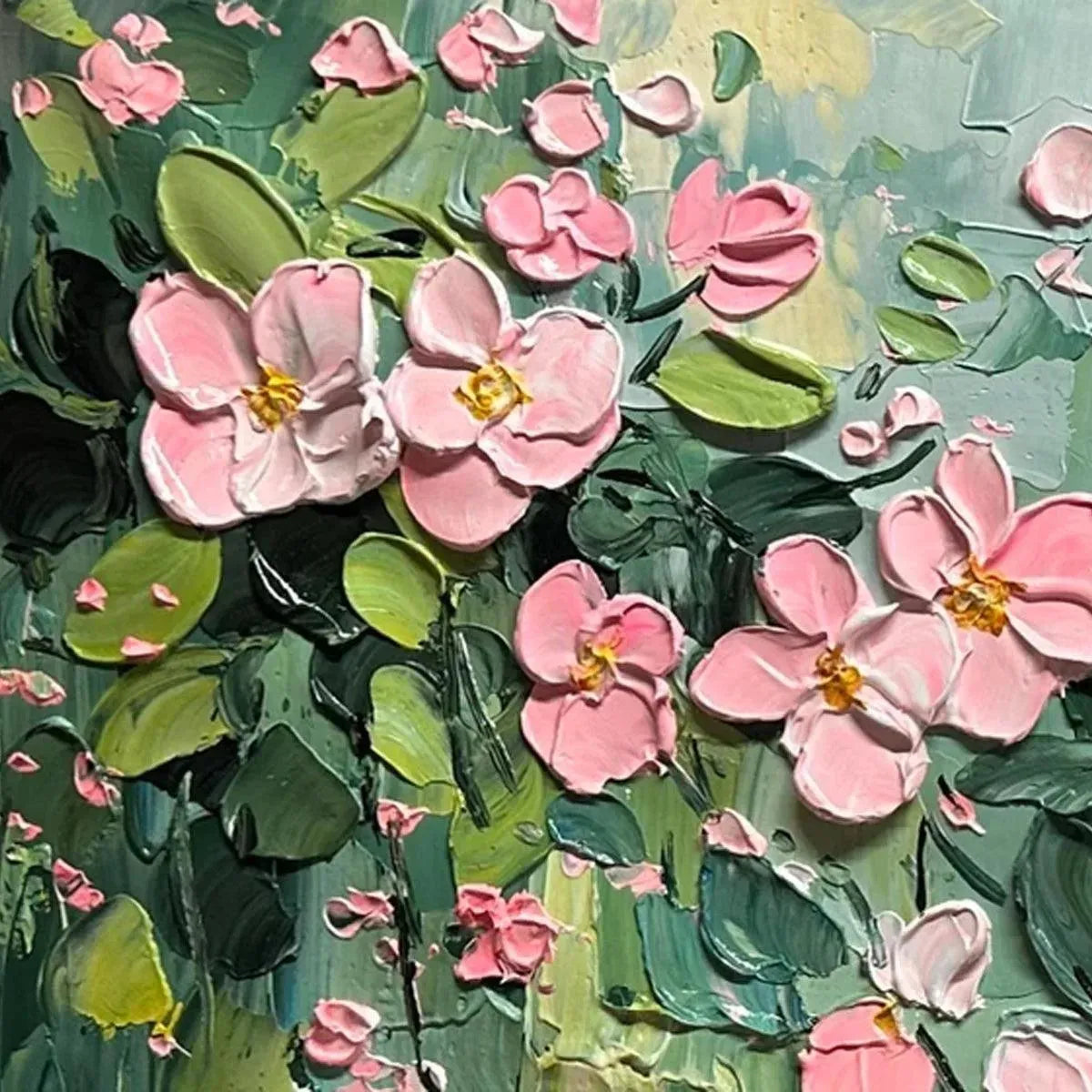 Textured impasto painting, pink cherry blossoms, green background, Elodie Dubois art.