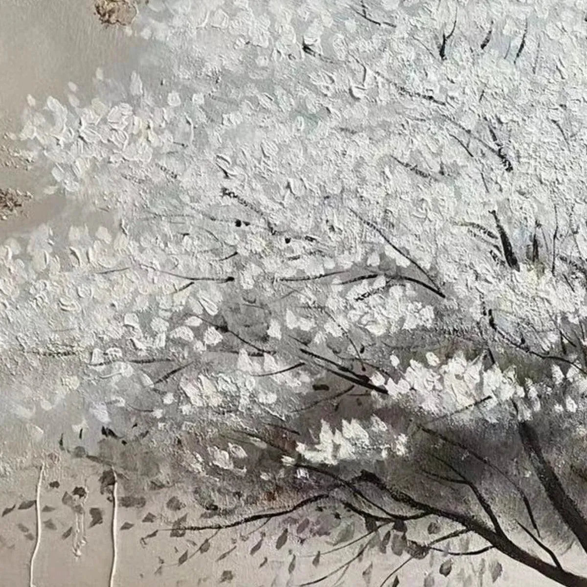 Textured white tree painting close-up with gold flecks on beige background by Liam O'Connell.