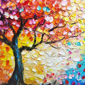 Textured impasto painting of vibrant autumn tree with colorful butterflies, horizontal artwork.
