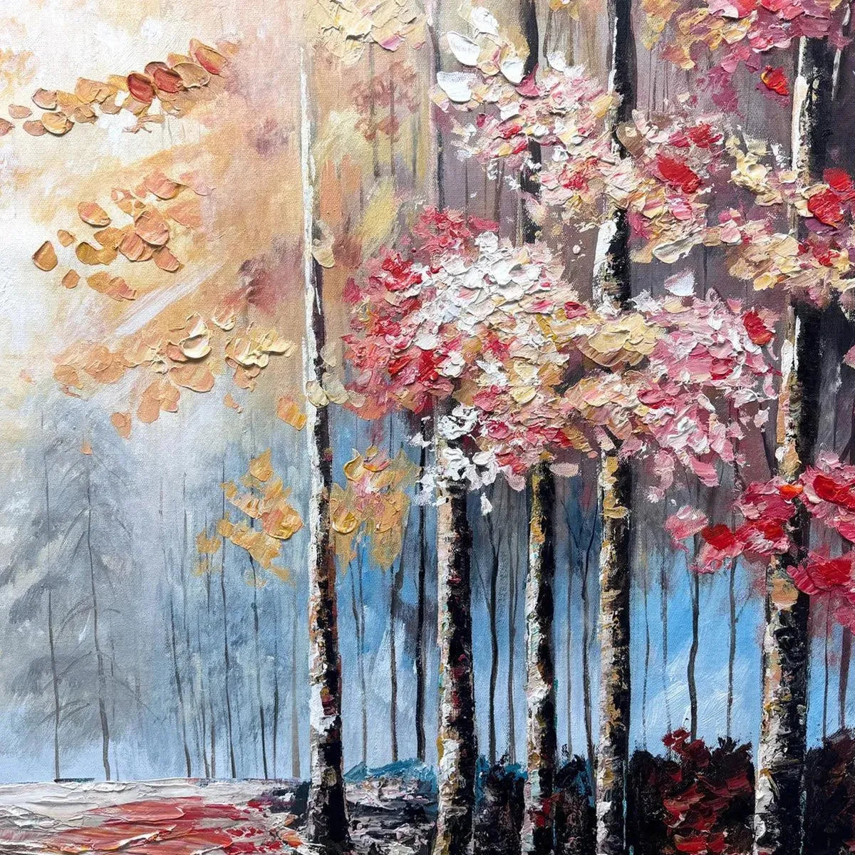 Textured autumn forest oil painting with vibrant colors and impasto strokes, highlighting texture and detail.