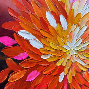 Close-up of Rainbow Petals impasto painting texture, showing thick orange, yellow, pink and white floral petals.