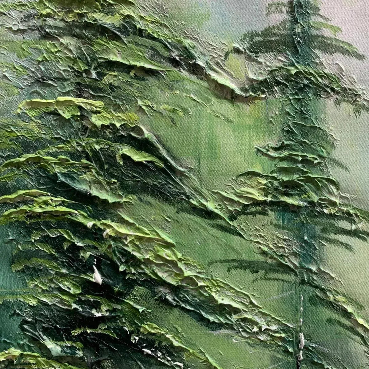 Textured impasto oil painting of an emerald forest landscape with pine trees and a misty background.