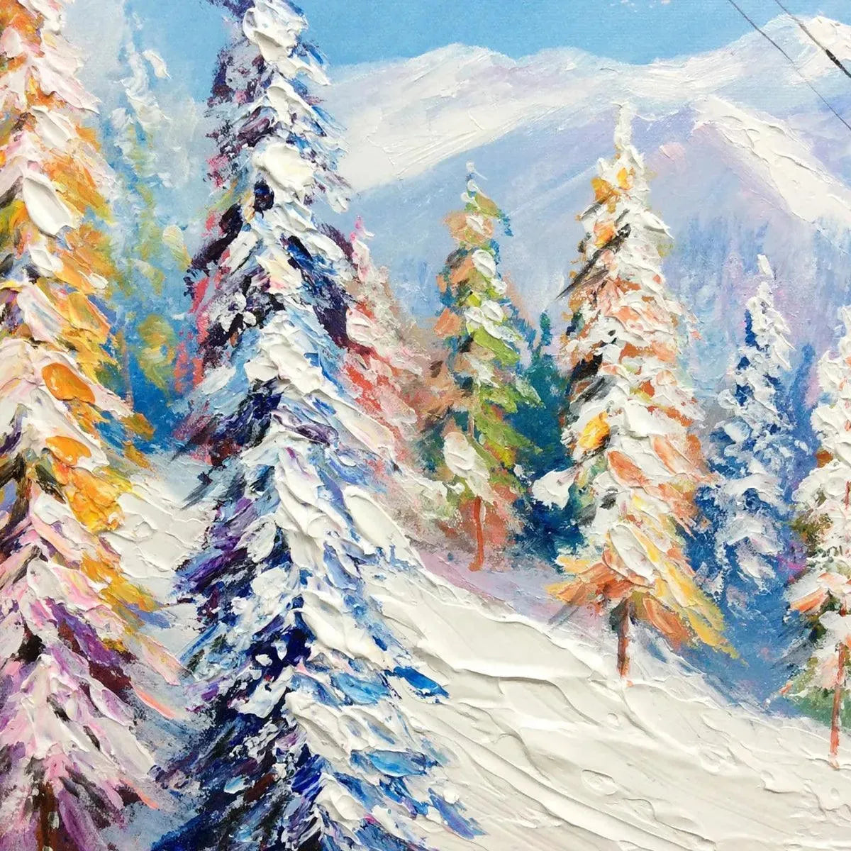 Original impasto oil painting, Snowy Slopes ski resort by Chak Yu Lam, vibrant colors, texture.