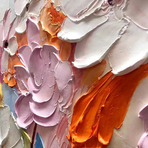 Close-up of impasto floral painting, showing thick pastel petals in pink, orange, and white. Textured artwork detail.
