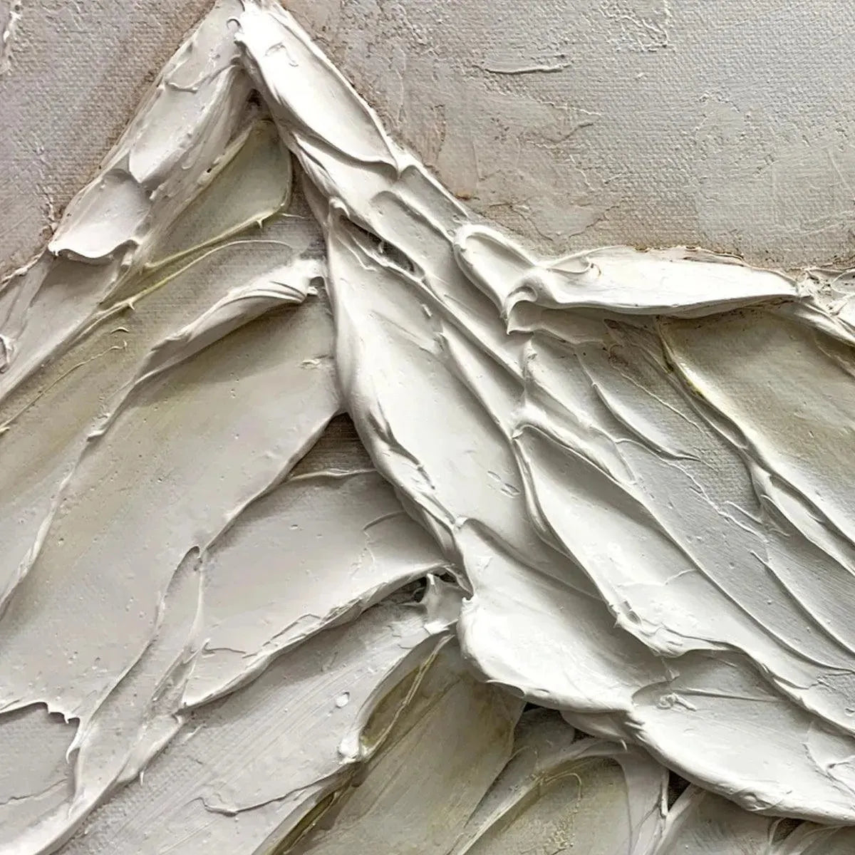 Close-up of White Mountains abstract painting, Javier Ramirez, impasto texture, white and beige peaks.