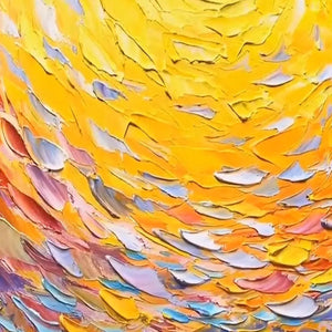 Close-up textured impasto brushstrokes on Sunrise Serenade painting in yellow, orange, and blue.