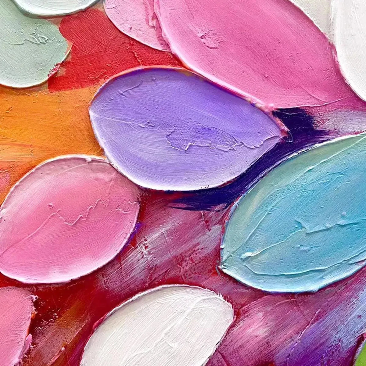 Willow Davies' Rainbow Burst abstract painting: Close-up impasto texture with pink, purple, blue petals on red.