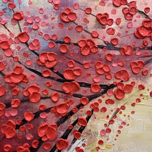Textured impasto HEART TREE painting, red heart leaves on dark branches, pink and yellow background.