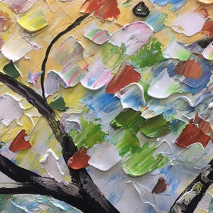Close-up of Liam O'Connell's RAINBOW TREE impasto painting, showing textured vibrant leaves in green, yellow, red, and blue.