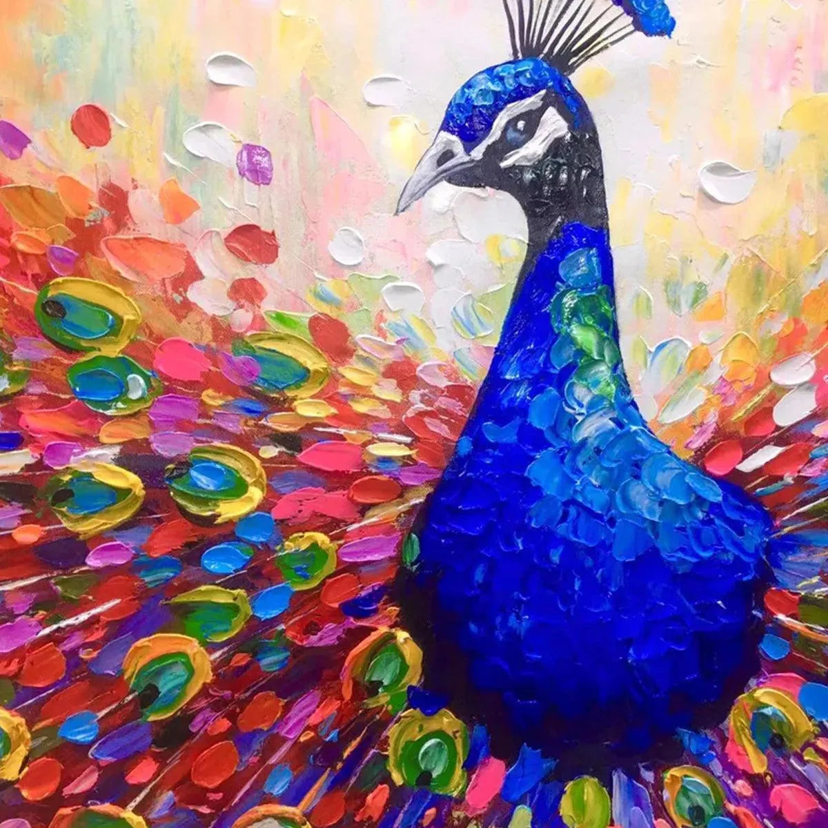 Textured impasto oil painting of a peacock with fanned tail feathers in vibrant colors. Horizontal artwork by Willow Davies.