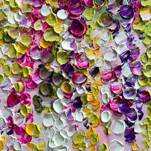 Textured impasto painting close-up showing dense pink, purple, and green wisteria blossoms.