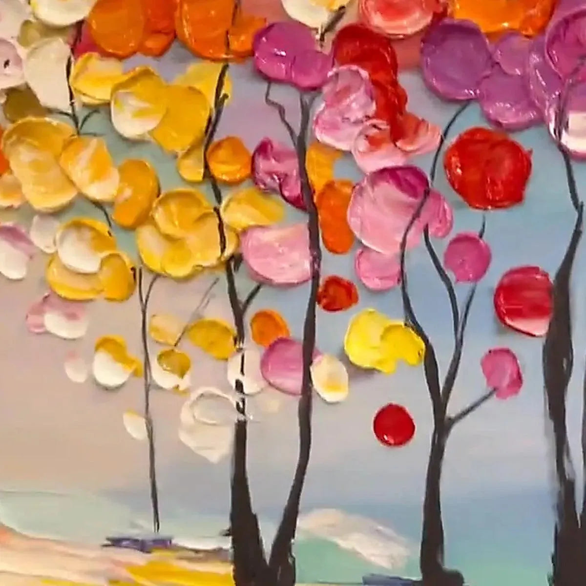 Enchanted Forest impasto painting: vibrant textured leaves in yellow, pink, orange, red on pale blue sky.