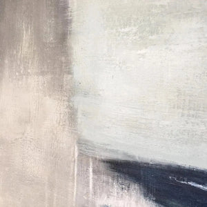 Javier Ramirez 'Serene Shore' abstract coastal painting, blue and beige tones, modern art for home decor