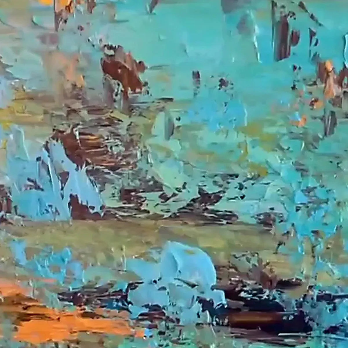 GOLDEN TIDE: Textured abstract painting in teal, blue, gold by Willow Davies. Horizontal canvas art.