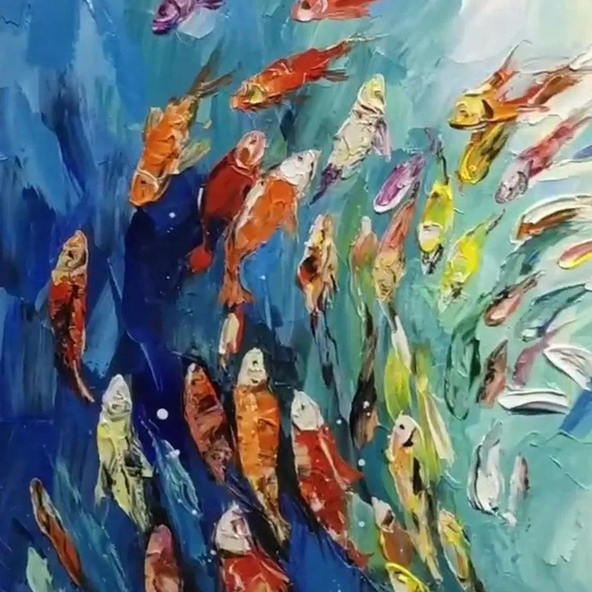 Close-up of 'Whirlpool of Fish' painting by Willow Davies: vibrant impasto textures, colorful swirling fish composition.