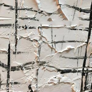 WOVEN LINES abstract painting, textured white canvas with black lines by Javier Ramirez, modern minimalist art.