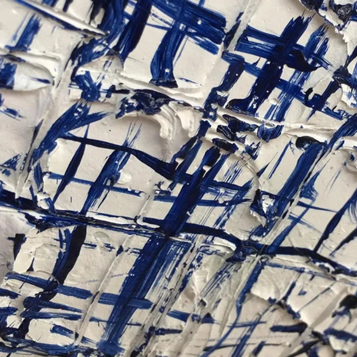 Javier Ramirez BLUE GRID abstract: Textured white with blue intersecting lines, showcasing depth and minimalist style.