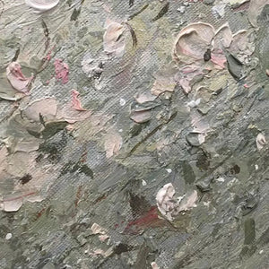 Elodie Dubois' Whispering Meadow detail: Impressionistic wildflower painting with textured brushstrokes and pastel colors