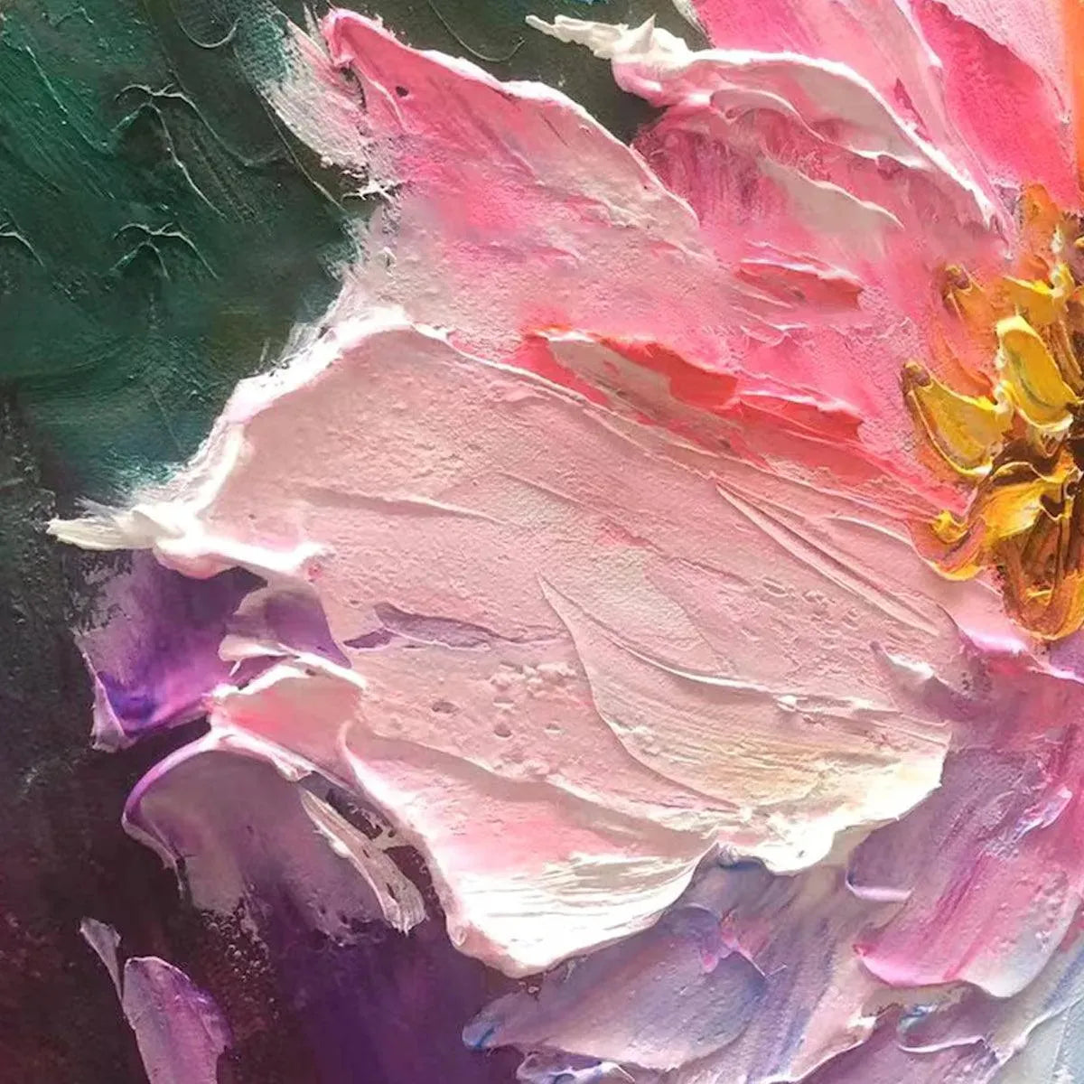 Elodie Dubois' Colorful Bloom: Vertical impasto painting with textured pink petals, a vibrant, museum-quality floral artwork.