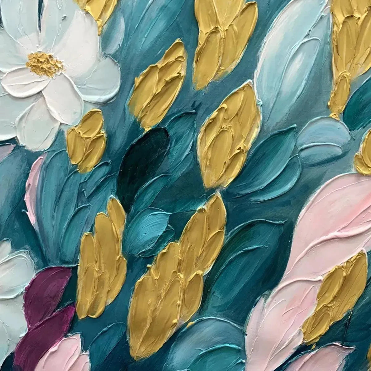 Elodie Dubois' Golden Garden painting: textured teal, gold, white and pink floral artwork with thick brushstrokes.
