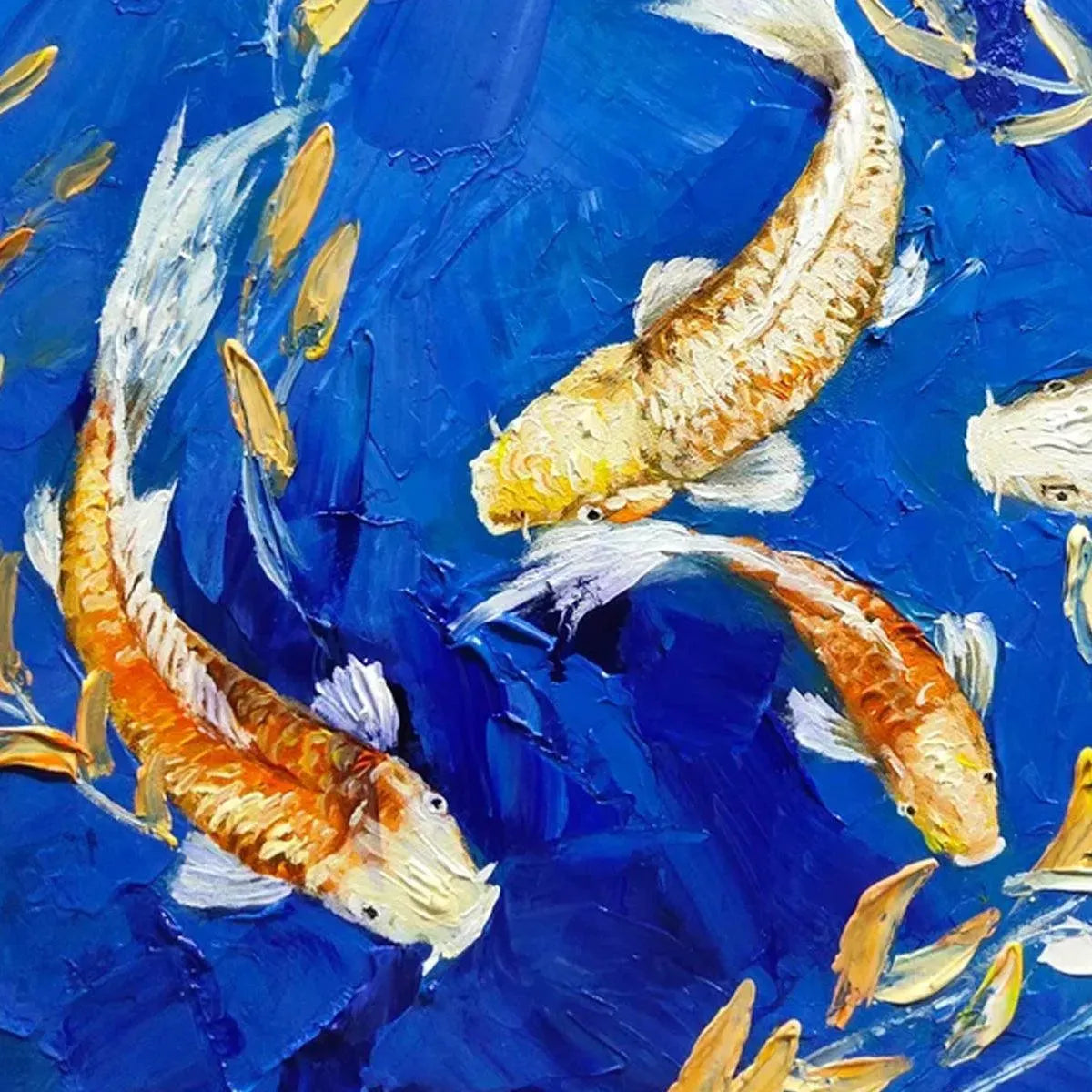 Close-up textured oil painting of three golden koi fish with golden foliage on vibrant blue, showing impasto brushstrokes.