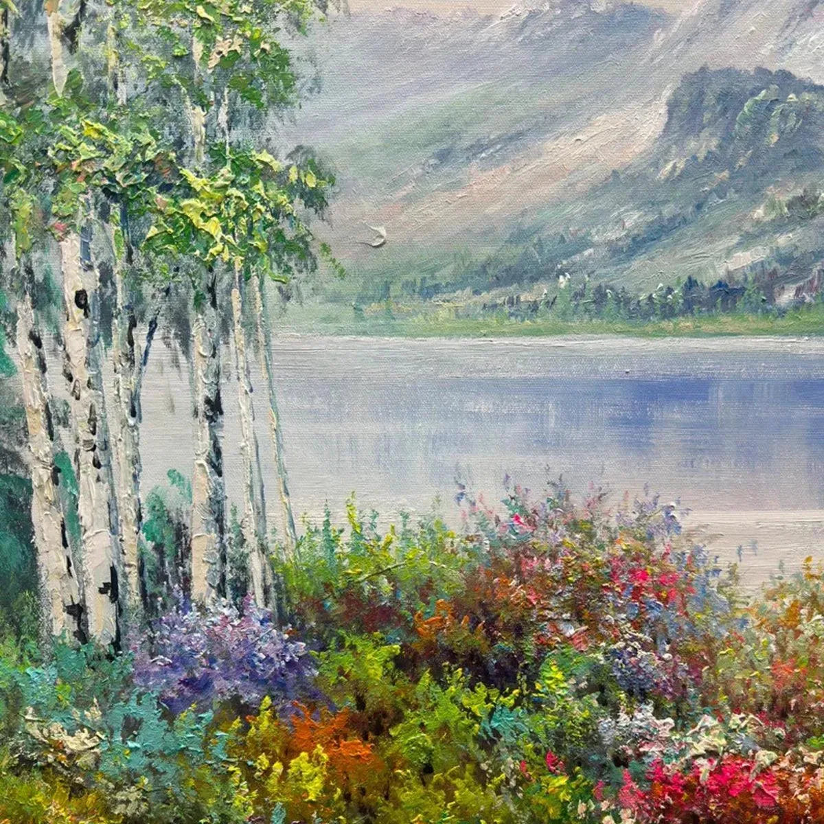 AUTUMN LAKE painting: birch trees, lake reflection, misty mountains, vibrant foliage.