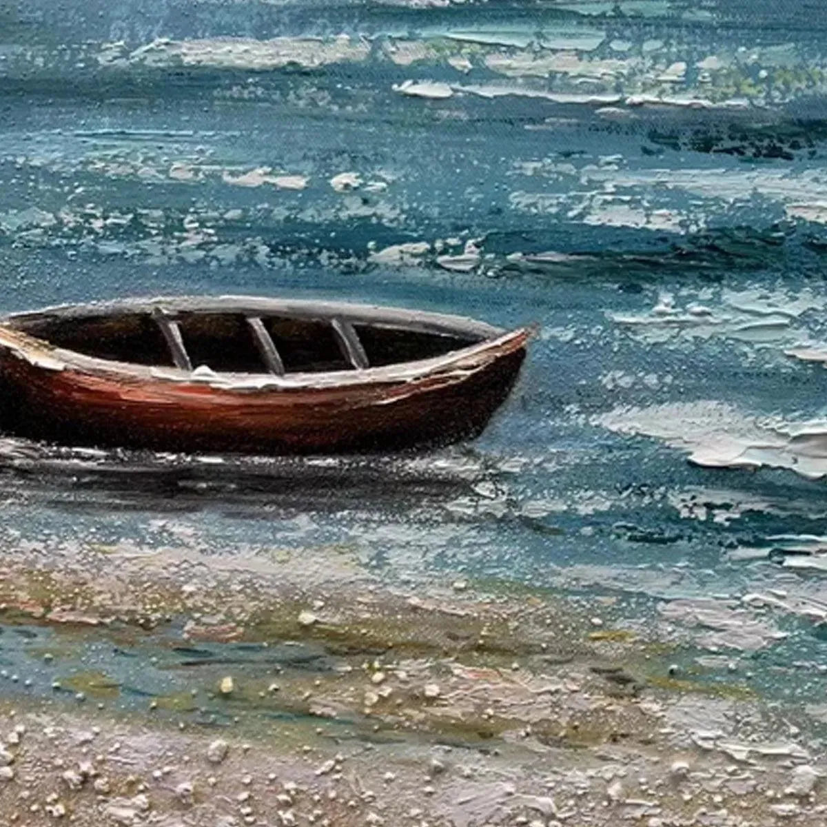 Close-up of 'Red Boat at the Shore' oil painting, showcasing rich texture, impasto waves, and detailed brushwork.