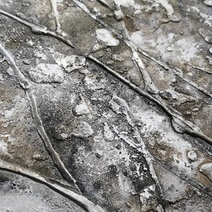 Silver Birch painting extreme close-up: raised grey & gold impasto, rough bark-like texture.