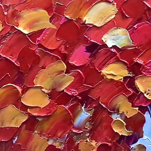 Autumn Fire impasto painting close-up: textured, raised red, orange, yellow strokes with glossy finish.