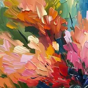 Vibrant impasto texture of Elodie Dubois' 'Summer Bouquet' impressionistic floral artwork, with colorful thick paint strokes.