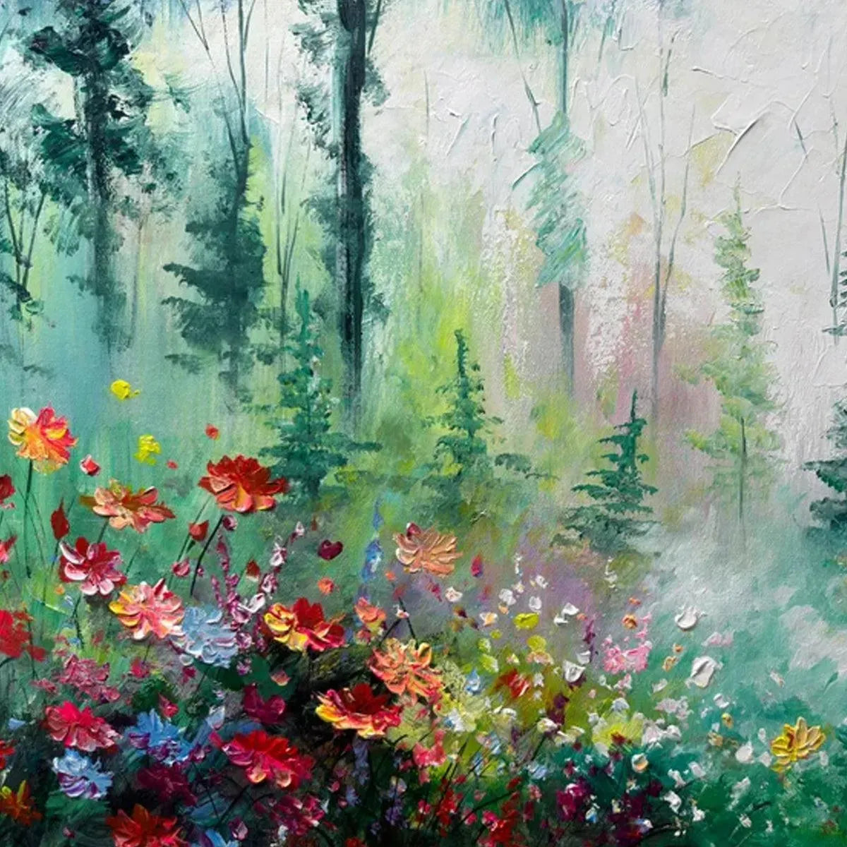 Vibrant impressionistic forest clearing painting by Elodie Dubois with colorful wildflowers and tall trees.