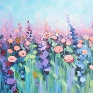Elodie Dubois' 'Pastel Meadow' artwork: Impressionistic floral landscape with peach, pink, lavender, and textured strokes.