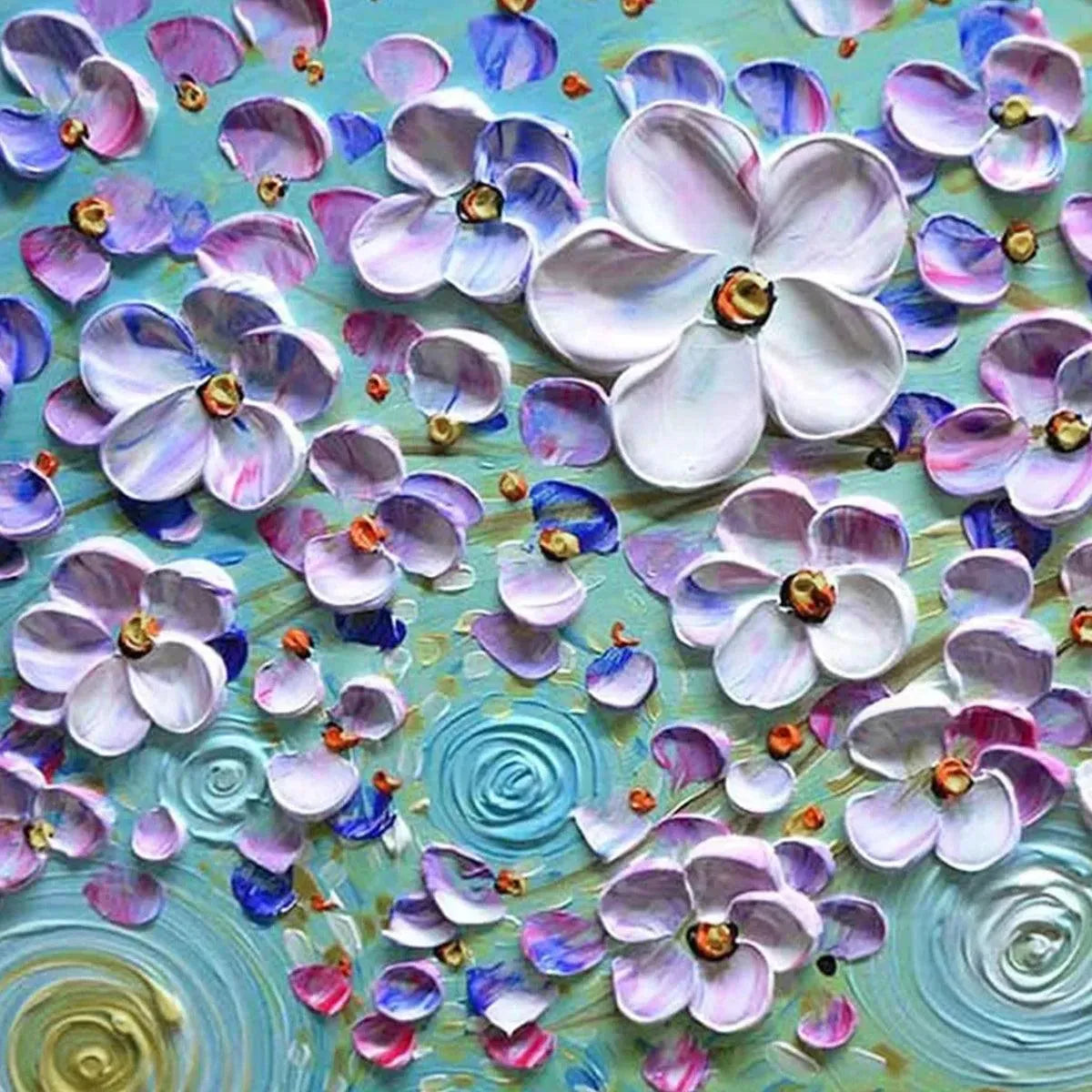 Lilac Dream impasto floral painting: raised white, purple, blue blossoms, golden centers, turquoise swirl background.