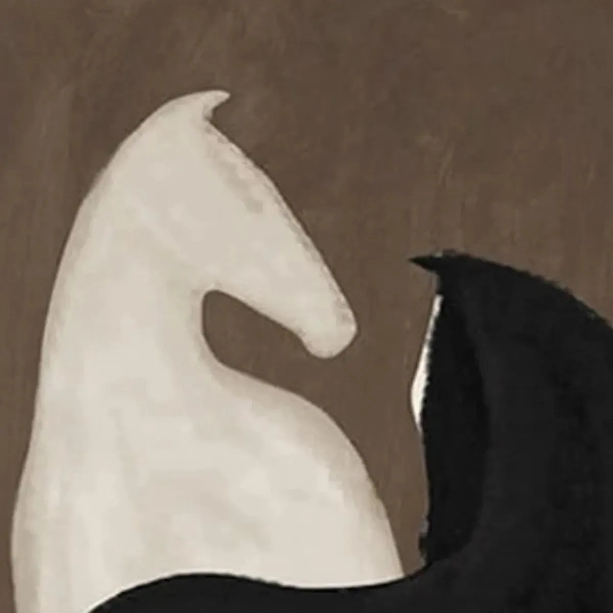Two Horses on Brown by Javier Ramirez. Minimalist black and white horse painting on brown background, vertical wall art.