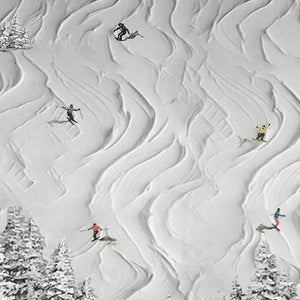 Textured white painting 'Snowy Carve' of skiers and snowboarders descending abstract snow-covered slopes with pine trees.